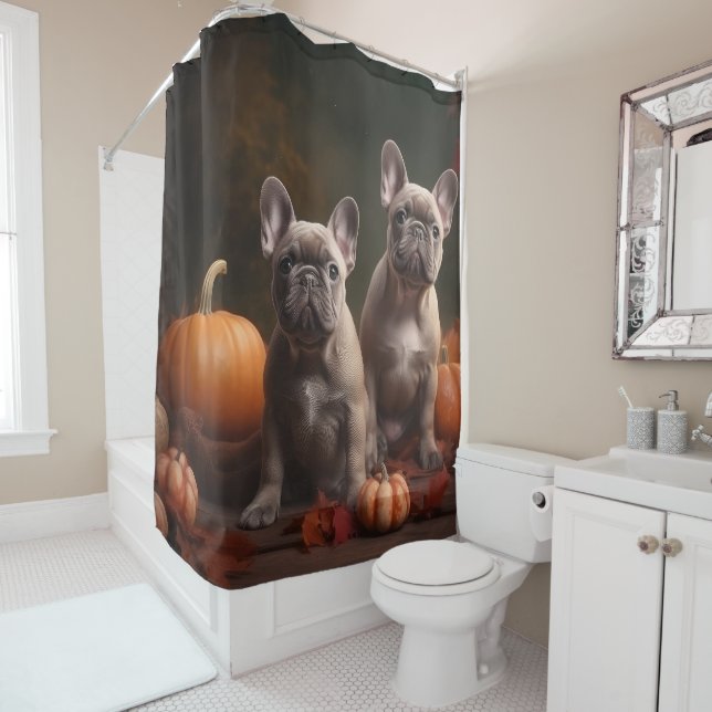 French Bulldog Puppy Autumn Delight Pumpkin Shower Curtain (In Situ)