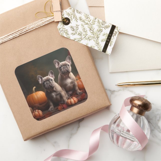 French Bulldog Puppy Autumn Delight Pumpkin Square Sticker (Gifting)