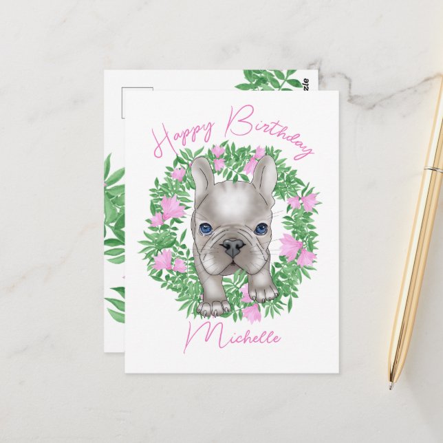 French bulldog puppy. Happy Birthday Postcard (Front/Back In Situ)