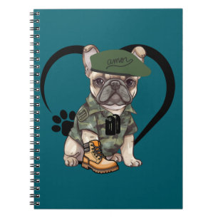 French Bulldog Puppy in Camo Outfit & Green Beret Notebook