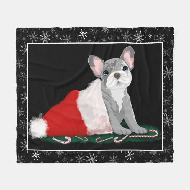 French Bulldog Puppy In Santa’s Hat Fleece Blanket (Front (Horizontal))