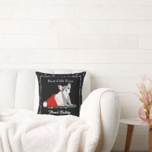 French Bulldog Puppy In Santa’s Hat Throw Pillow