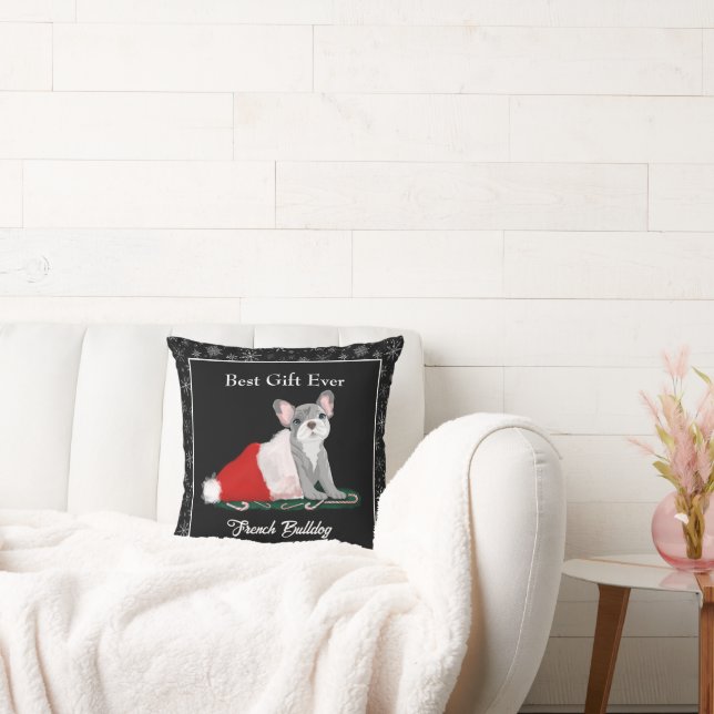 French Bulldog Puppy In Santa’s Hat Throw Pillow (Couch)