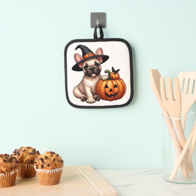 French Bulldog Puppy in Witch Hat with Pumpkin  Pot Holder (Insitu(Hanging))