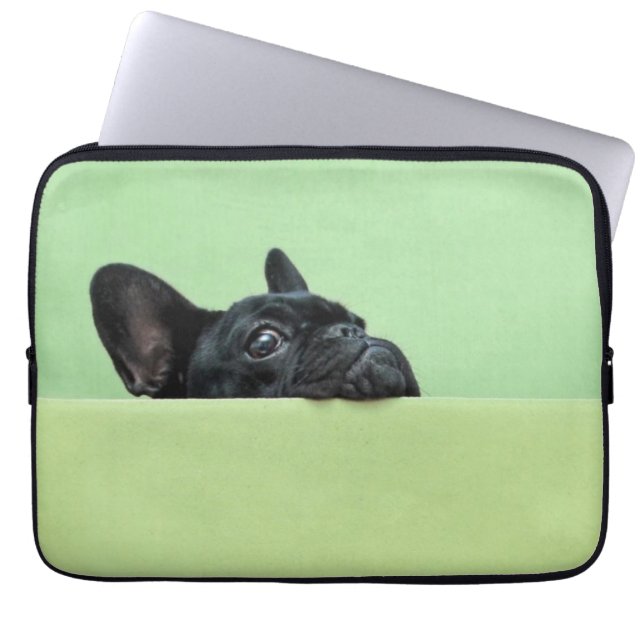 French Bulldog Puppy Peering Over Wall Laptop Sleeve (Front)