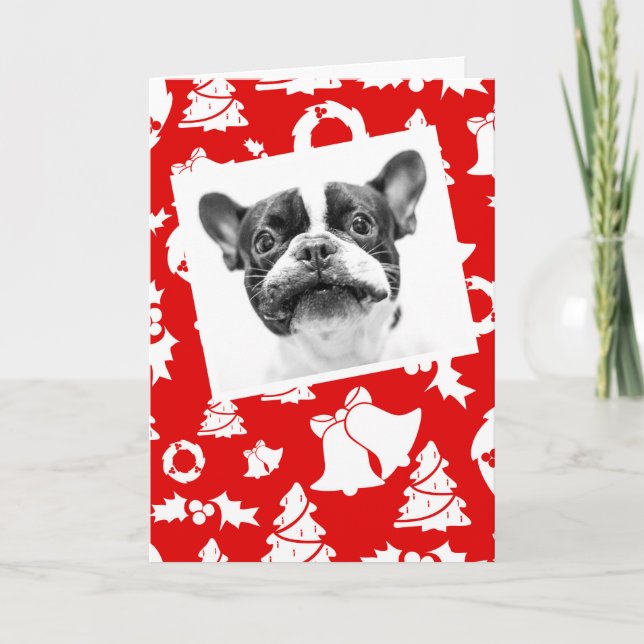 French Bulldog Puppy Red Merry Christmas Tree Holiday Card (Front)
