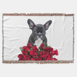 French Bulldog Puppy Roses Flowers Throw White