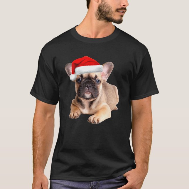 French Bulldog Puppy Santa Hat Cute Frenchie Chris T-Shirt (Front)