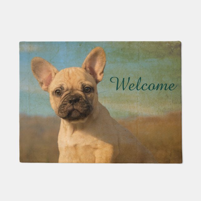 French Bulldog Puppy Vintage, Personalised Welcome Doormat (Front)