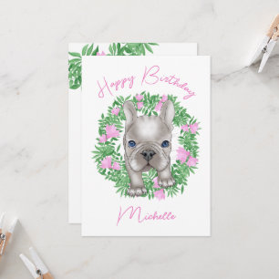 French bulldog puppy with flower wreath invitation