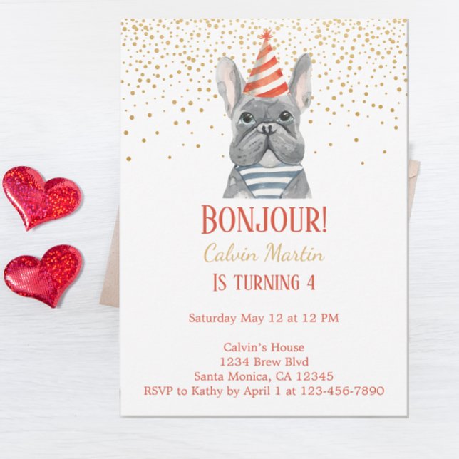 French Bulldog Red Fourth Birthday Invitation (Creator Uploaded)