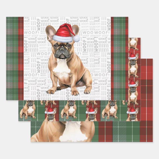 French Bulldog Red Green Holiday Plaid Christmas Wrapping Paper Sheet (Set)