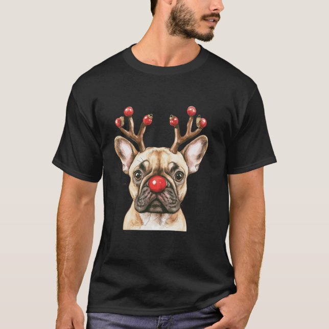 French Bulldog Reindeer Christmas Lights Dog Lover T-Shirt (Front)
