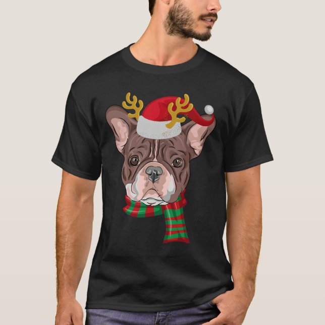French Bulldog Reindeer Santa T-Shirt (Front)