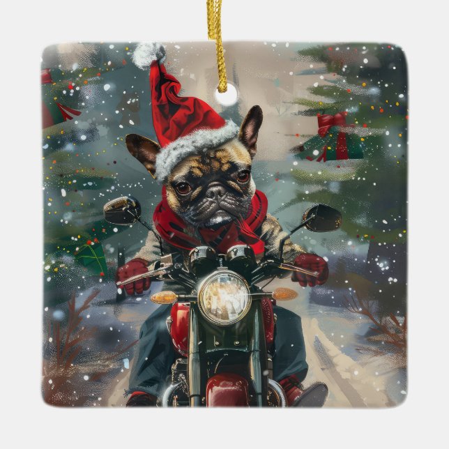 French Bulldog Riding Motorcycle Christmas Ceramic Ornament (Front)