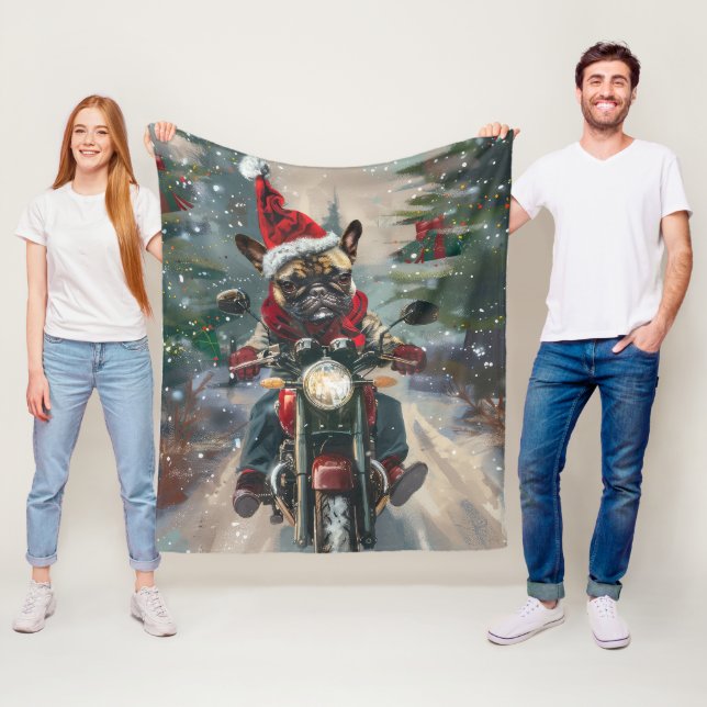 French Bulldog Riding Motorcycle Christmas Fleece Blanket (In Situ)
