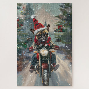 French Bulldog Riding Motorcycle Christmas Jigsaw Puzzle