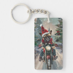 French Bulldog Riding Motorcycle Christmas Key Ring