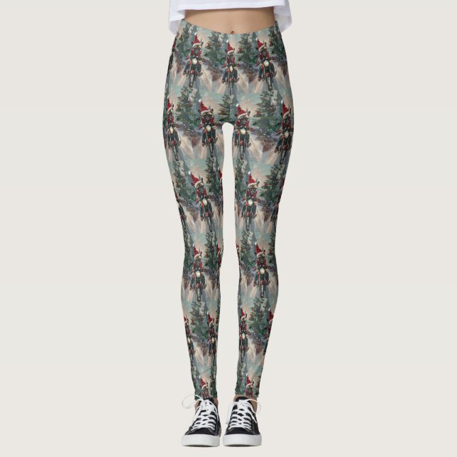 French Bulldog Riding Motorcycle Christmas Leggings (Front)