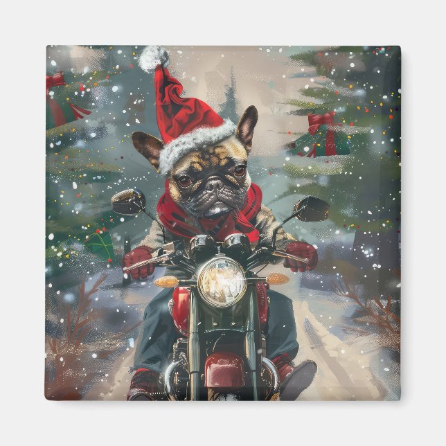French Bulldog Riding Motorcycle Christmas Magnet (Front)