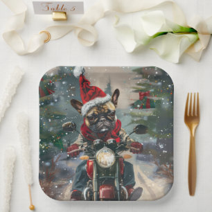 French Bulldog Riding Motorcycle Christmas Paper Plate