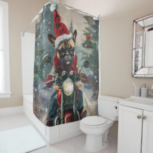 French Bulldog Riding Motorcycle Christmas Shower Curtain