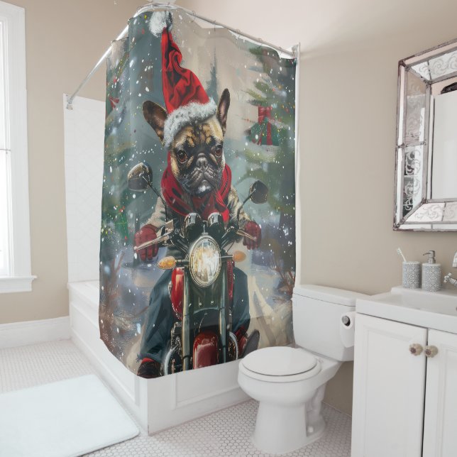 French Bulldog Riding Motorcycle Christmas Shower Curtain (In Situ)