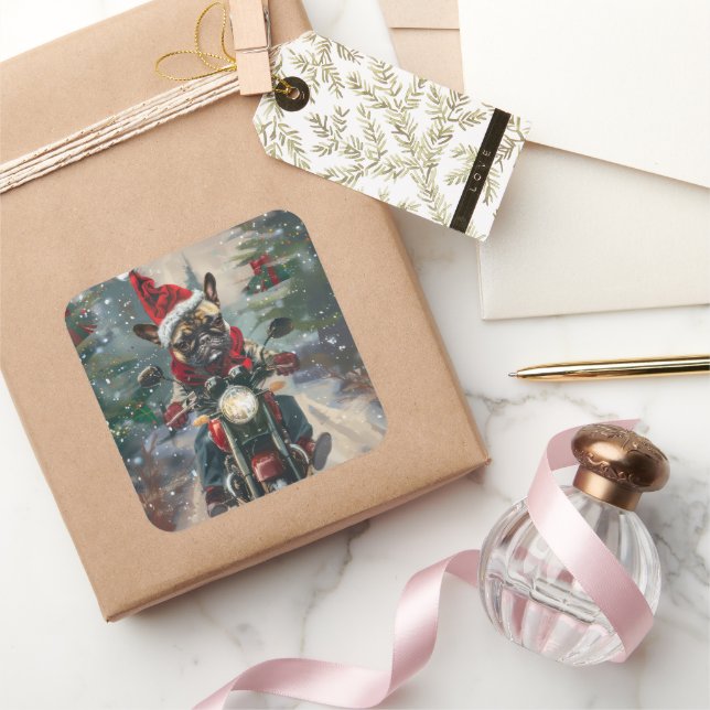 French Bulldog Riding Motorcycle Christmas Square Sticker (Gifting)