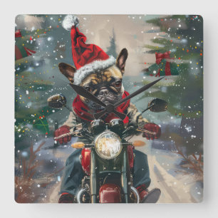 French Bulldog Riding Motorcycle Christmas Square Wall Clock