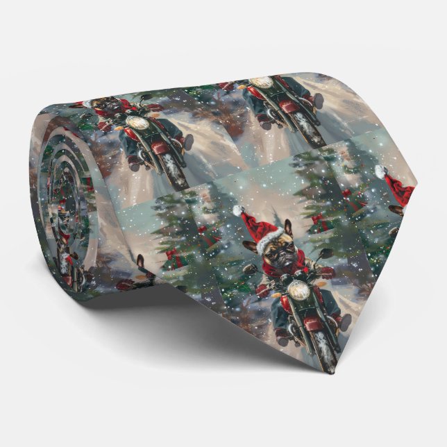 French Bulldog Riding Motorcycle Christmas Tie (Rolled)