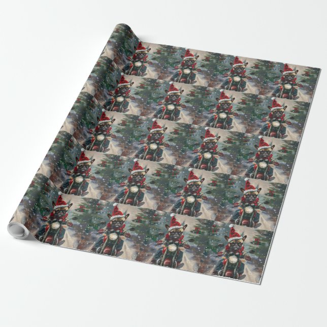 French Bulldog Riding Motorcycle Christmas Wrapping Paper (Unrolled)