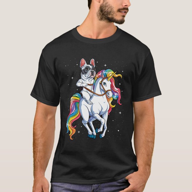 French Bulldog Riding Unicorn Girls Rainbow  Galax T-Shirt (Front)