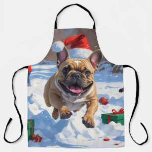 French Bulldog Running in Snow with Christmas Hat Apron