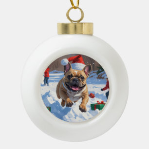 French Bulldog Running in Snow with Christmas Hat Ceramic Ball Christmas Ornament