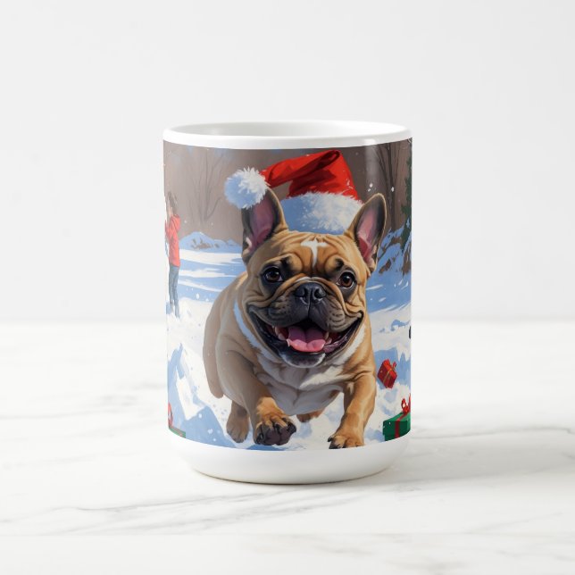 French Bulldog Running in Snow with Christmas Hat Coffee Mug (Center)