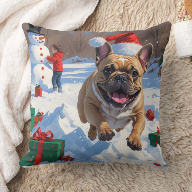 French Bulldog Running in Snow with Christmas Hat Cushion (Blanket)