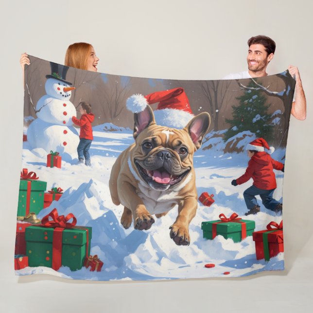 French Bulldog Running in Snow with Christmas Hat Fleece Blanket (In Situ)