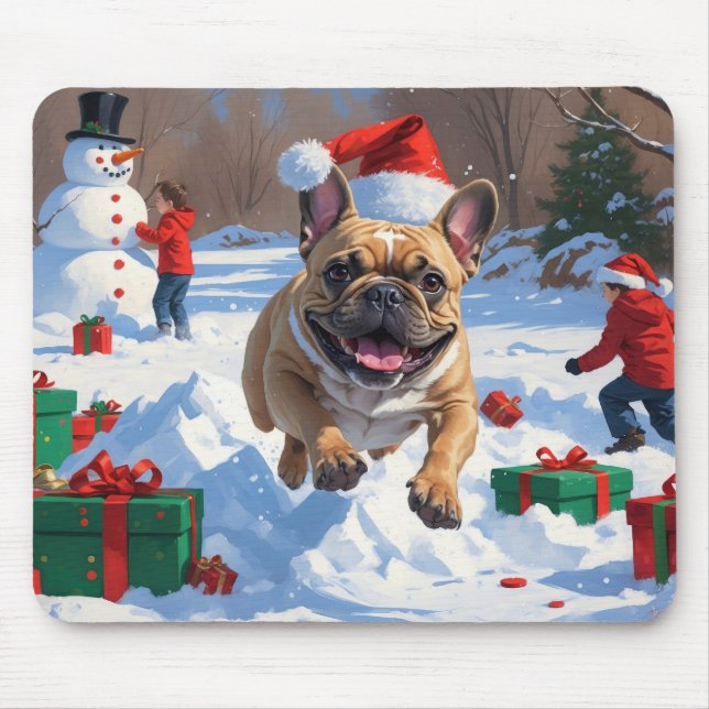 French Bulldog Running in Snow with Christmas Hat Mouse Mat (Front)