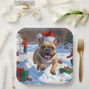 French Bulldog Running in Snow with Christmas Hat Paper Plate