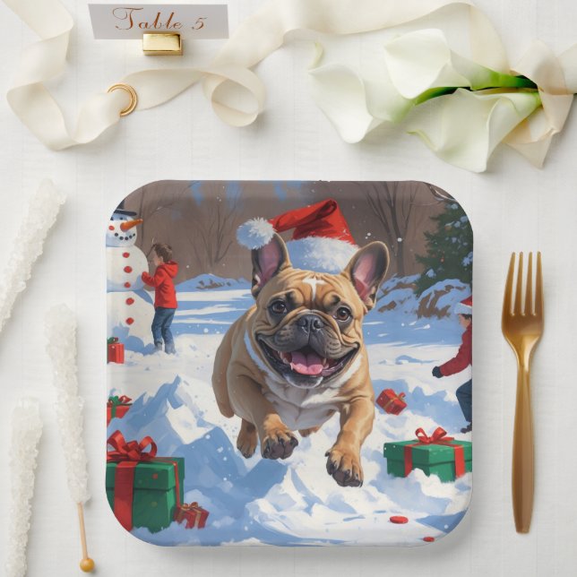 French Bulldog Running in Snow with Christmas Hat Paper Plate (Wedding)