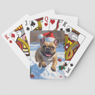 French Bulldog Running in Snow with Christmas Hat Playing Cards