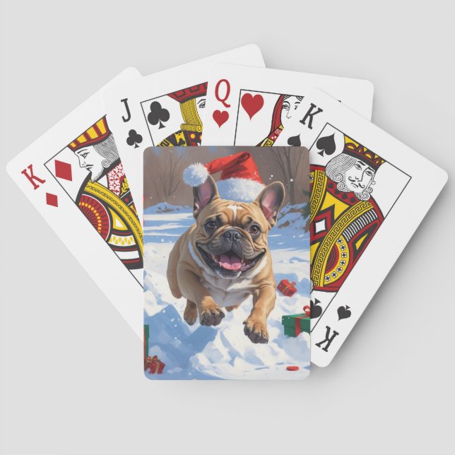 French Bulldog Running in Snow with Christmas Hat Playing Cards (Back)
