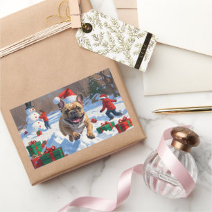 French Bulldog Running in Snow with Christmas Hat Rectangular Sticker