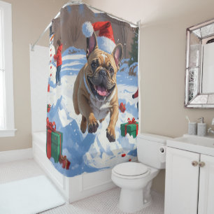 French Bulldog Running in Snow with Christmas Hat Shower Curtain