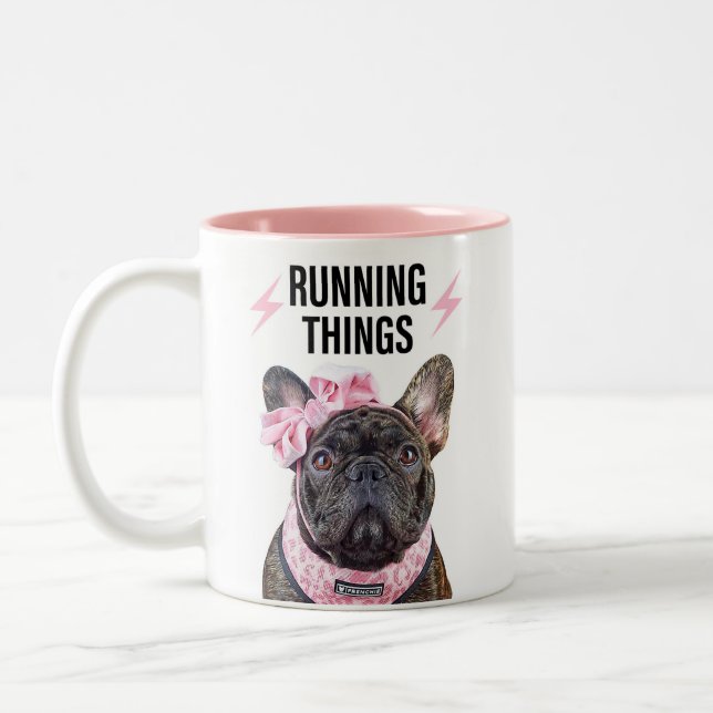 French Bulldog Running Things  Two-Tone Coffee Mug (Left)