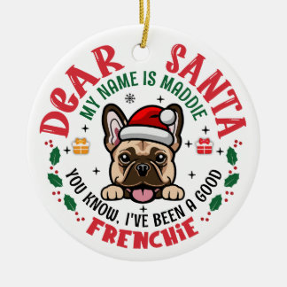 French Bulldog Santa Christmas Custom Name Ceramic Tree Decoration