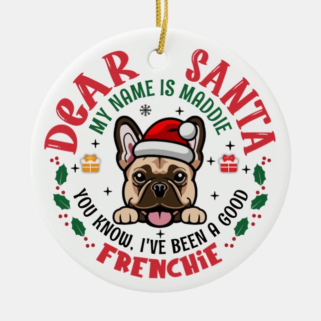 French Bulldog Santa Christmas Custom Name Ceramic Tree Decoration (Front)