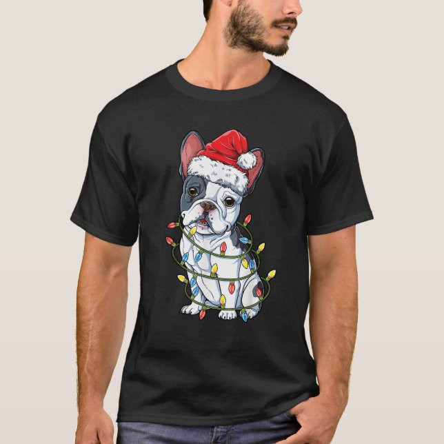 French Bulldog Santa Christmas Tree Lights Xmas Gi T-Shirt (Front)