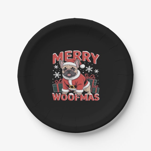 French Bulldog Santa Claus Hat Merry Christmas Dog Paper Plate (Front)