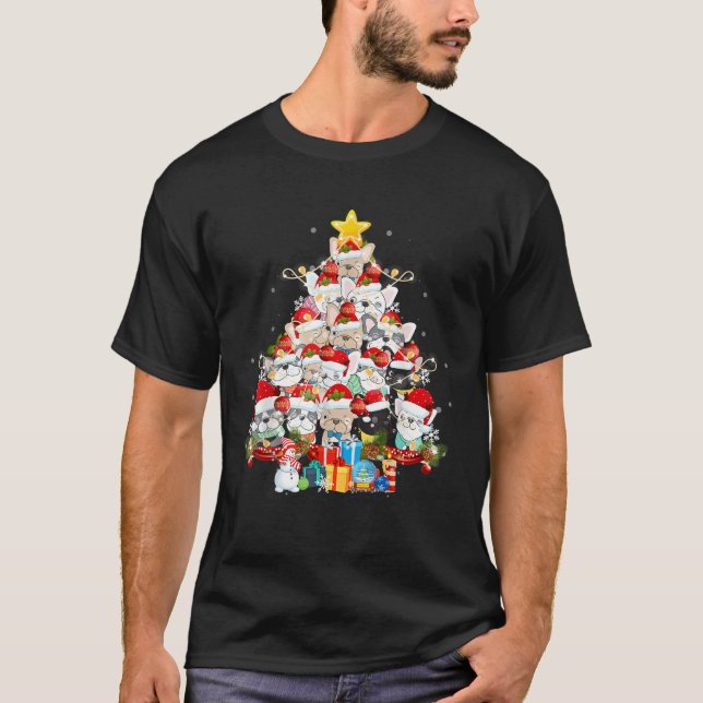 French Bulldog Santa Claus Xmas Tree Lights Merry  T-Shirt (Front)